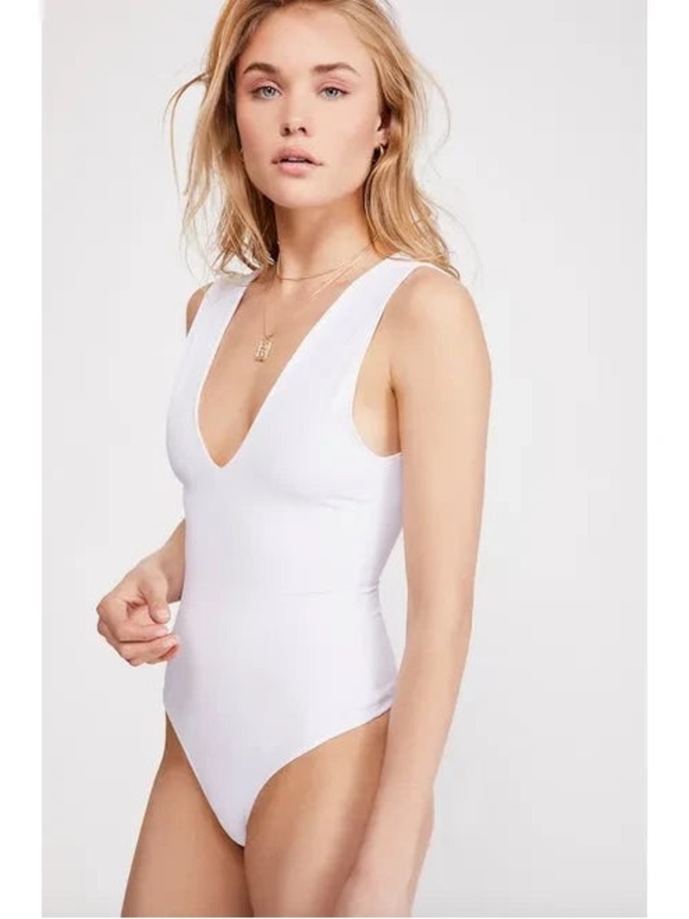 Free People White V-Neck One-Piece Swim
